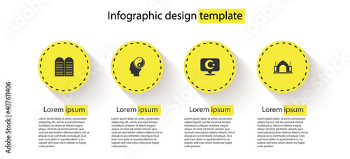 Set The commandments, Yin Yang, Star crescent and Hindu spiritual temple. Business infographic template. Vector.