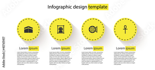 Set Kaaba mosque, Christian icon, Dharma wheel and Cross ankh. Business infographic template. Vector.