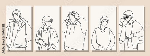 Hand drawn abstract man faces in line art style, set of trendy posters, modern minimalism art, aesthetic contour
