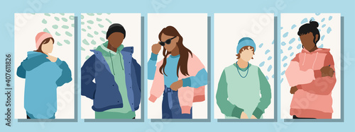 Set of Man's and Woman's Face minimalist collage abstract contemporary fashion in a modern trendy colors.