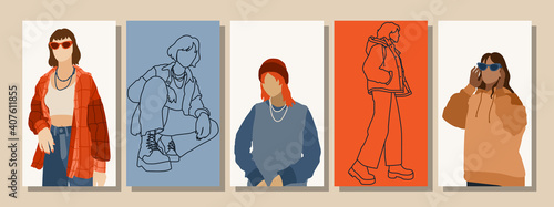 Hand drawn abstract woman faces in line art style, set of trendy posters, modern minimalism art, aesthetic contour