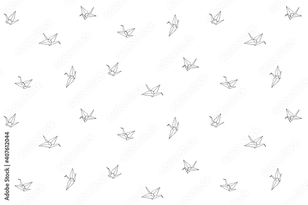 Origami crane seamless pattern. Endless vector print with hand drawn paper orizuru icon. Ink drawing sketch illustration isolated on white background Origami crane seamless pattern. Endless vector print with hand drawn paper orizuru icon. Ink drawing sketch illustration isolated on white background