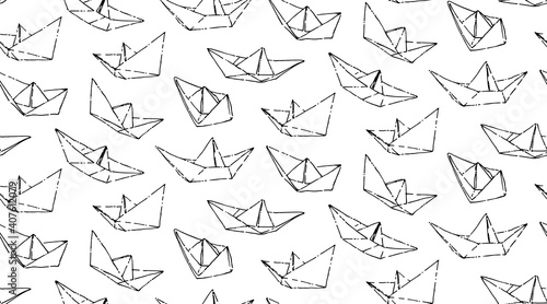 Origami ship seamless pattern. Endless vector print with hand drawn paper boat icon. Ink drawing sketch illustration isolated on white background