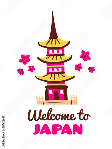 Japan stock vector hand drawn illustration. For japanese travel ad concept  greeting card print. Cute cartoon style asian illustration  pagoda symbol for Japan and text - Welcome to Japan. Postcard 