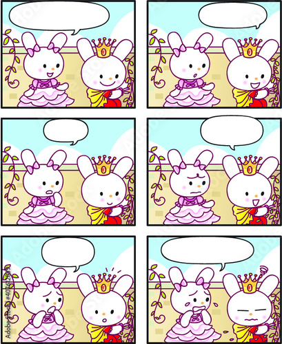 vector cartoon rabbit Fairy tale castle princess prince six-frame comics