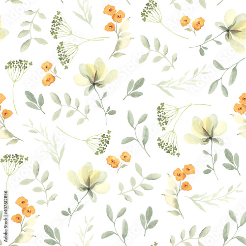 Watercolor seamless pattern with abstract yellow flowers and green leaves in pastel colors. Floral illustration on white background.