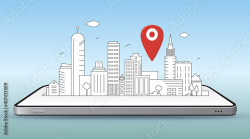Smart City and Mobile Navigation Concept Vector Illustration. Line art style city drawing lay down on smartphone with pin map icon.