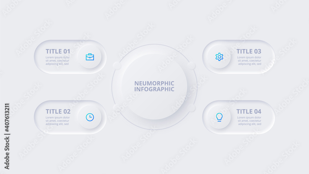 Neumorphic elements for infographic. Template for diagram, graph, presentation and chart. Skeuomorph concept with 4 options, parts, steps or processes Neumorphic elements for infographic. Template for diagram, graph, presentation and chart. Skeuomorph concept with 4 options, parts, steps or processes