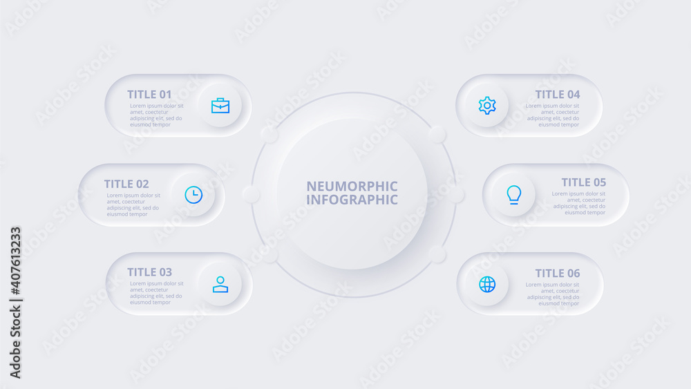 Neumorphic elements for infographic. Template for diagram, graph, presentation and chart. Skeuomorph concept with 6 options, parts, steps or processes
