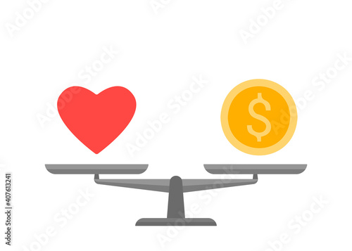 Bowls of scales in balance love and money. Heart and coin sign in comparison, choise, priority. Weights with love and money coin. Libra measure value. Vector illustration