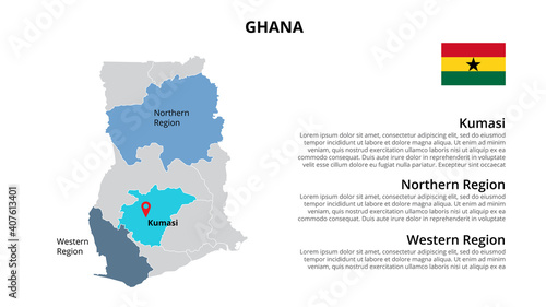 Ghana vector map infographic template divided by states, regions or provinces. Slide presentation