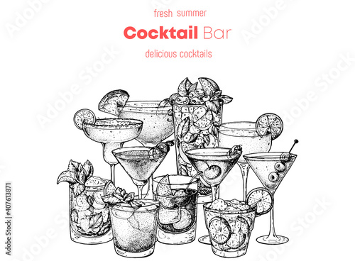 Alcoholic cocktails sketch. Hand drawn vector illustration. Hand drawn drinks illustration. Cocktails set. Menu design elements.