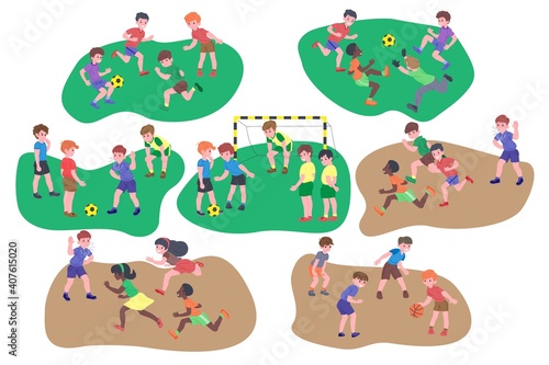 Set of children playing. Happy kids doing physical exercise, playing football, catch-up, basketball, sport game. Active healthy childhood. Flat vector cartoon illustration isolated on white background