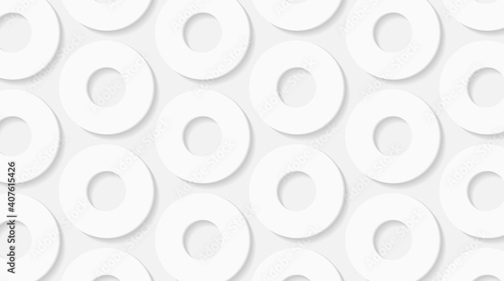 Abstract wallpaper with white ring circles on white background, modern pattern design, 3d object forming shape with shadow and light