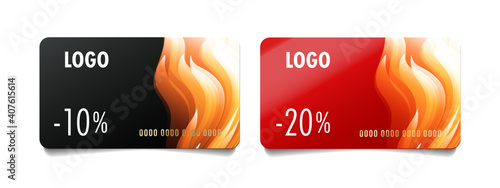 Set of discount cards or loyalty programme cards with percent discount and abstract fire illustration, hot sale season