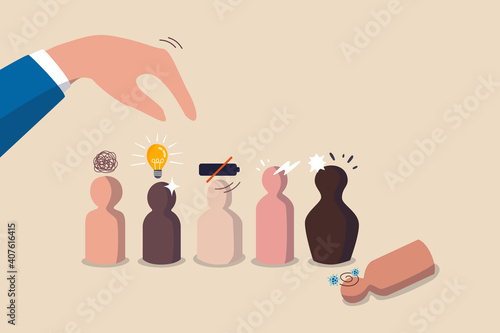 People management, human resources take care of talent, employee and colleagues in company concept, manager hand managing wooden doll with emotional, exhausted, skillful, sick leave or conflicted.