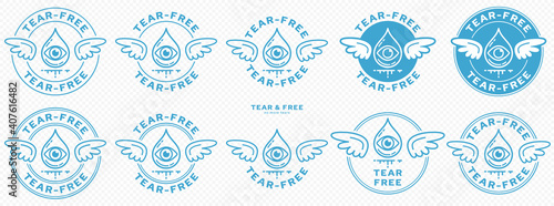 Conceptual marks for product packaging. Marking - no tears. The brand with wings is a symbol of the not containing, free. Teardrop icon with eye and flowing line. Vector
