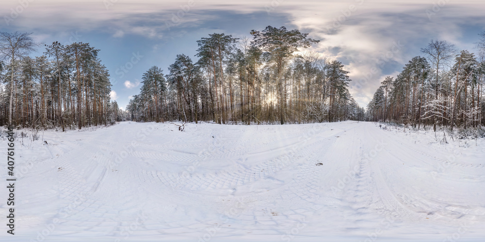 Winter full spherical hdri panorama 360 degrees angle view in snowy pinery forest with blue sky and sunny evening in equirectangular projection. VR AR content Winter full spherical hdri panorama 360 degrees angle view in snowy pinery forest with blue sky and sunny evening in equirectangular projection. VR AR content