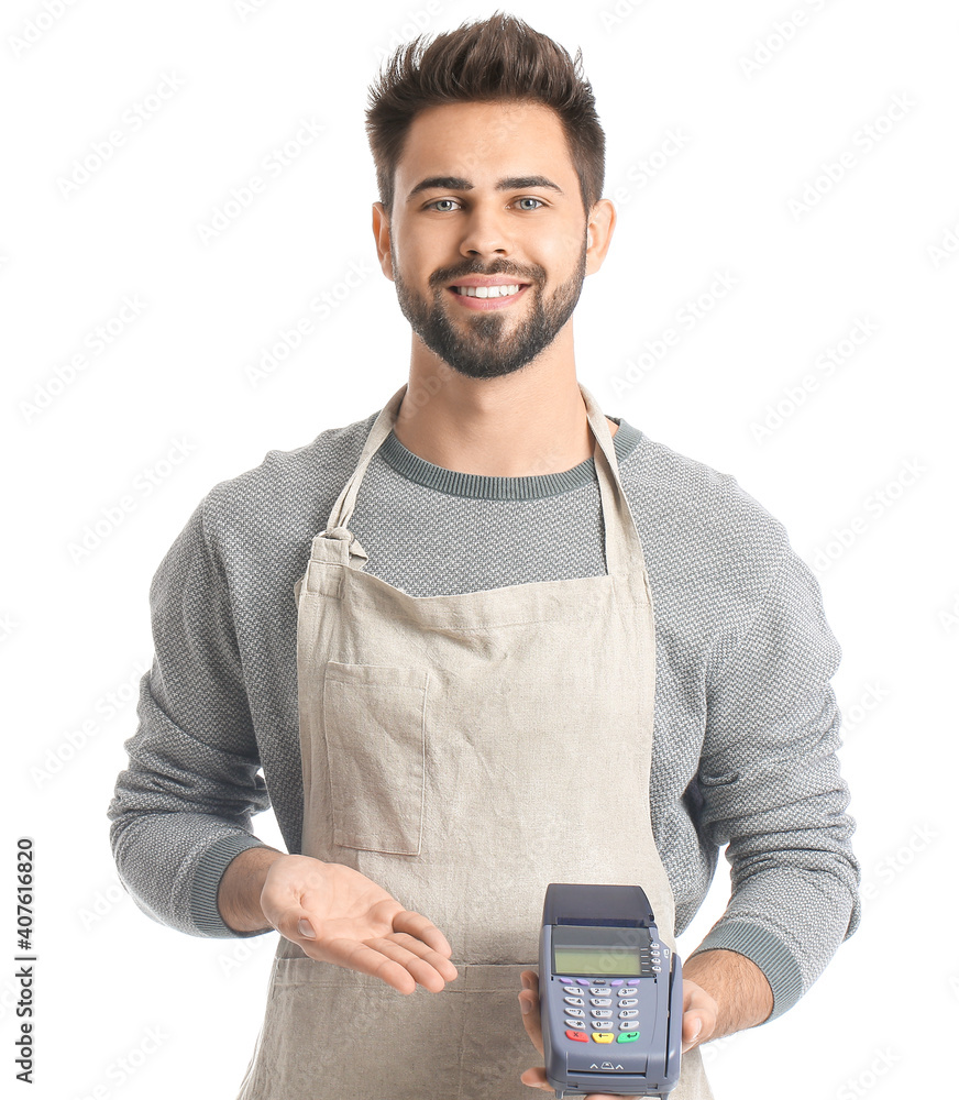 Young man with payment terminal on white background Young man with payment terminal on white background