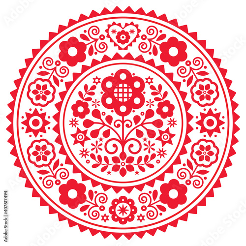 Folk art vector mandala design with flowers with frame inspired by old traditional Polish embroidery Lachy Sadeckie - bohemian pattern