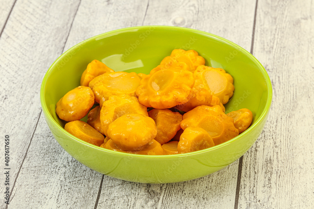 Marinated yellow patisson in the bowl Marinated yellow patisson in the bowl