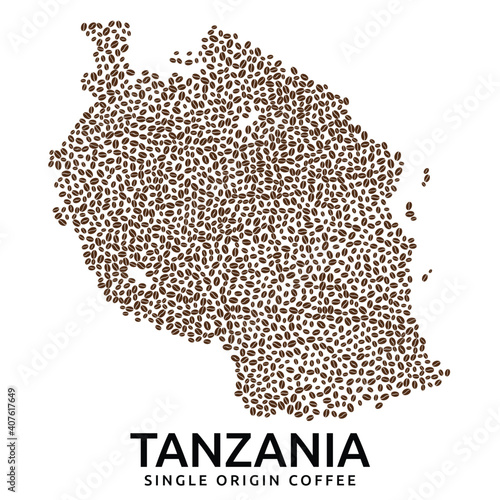 Shape of Tanzania map made of scattered coffee beans, country name below
