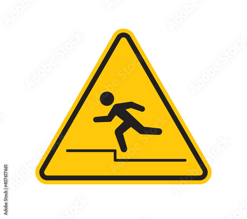 Vector yellow triangle sign - black silhouette figure burying on a step. Isolated on white background.