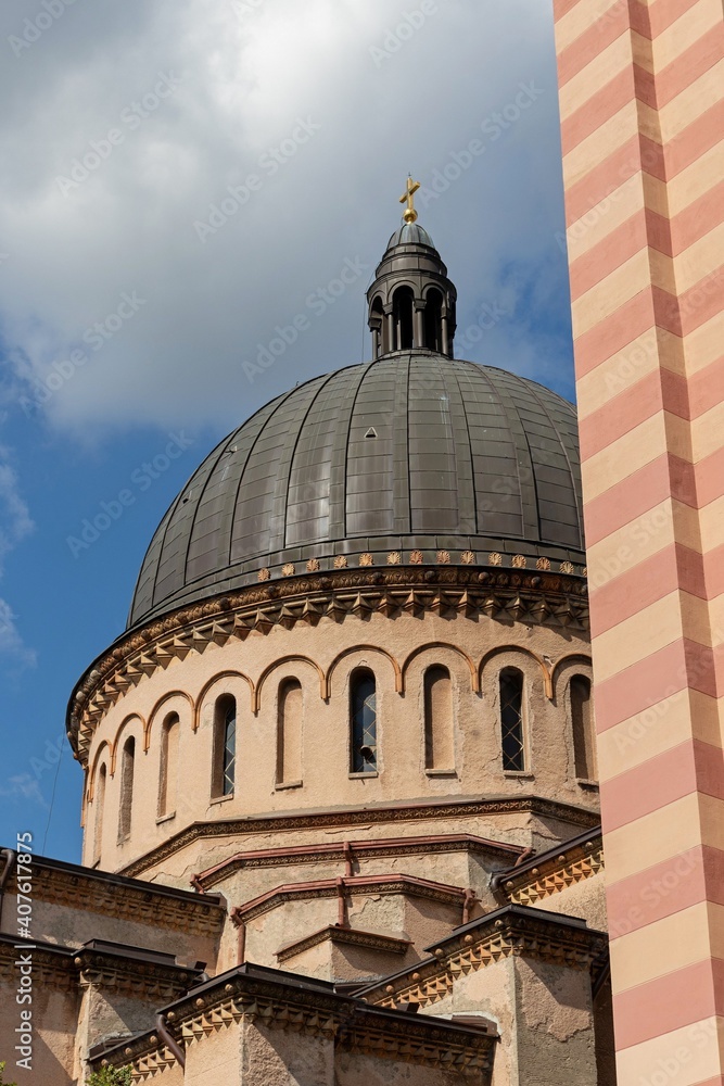 Large black dome with a cross of The Church of Holy Transfiguration in Pancevo, Serbia