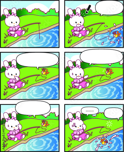 vector cartoon rabbit Fairy tale castle princess prince six-frame comics