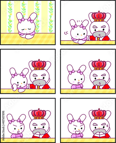 vector cartoon rabbit Fairy tale castle princess prince six-frame comics