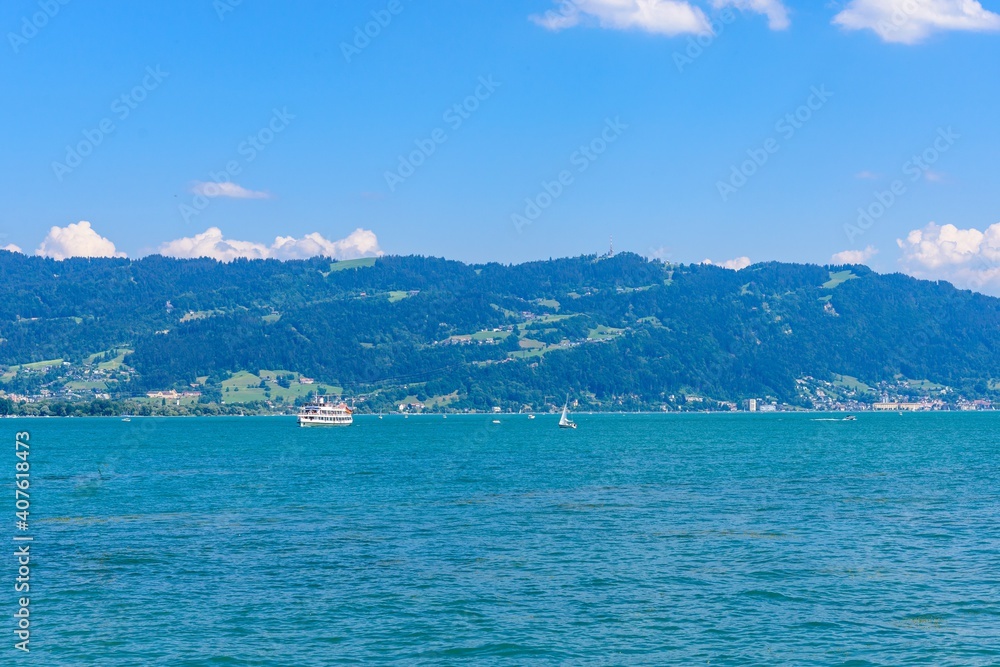 View on Bodensee lake Constance, from harbor in Lindau island.  Germany.