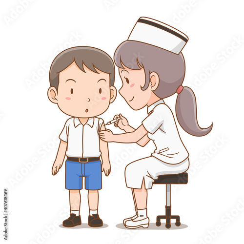 Cartoon illustration of nurse giving an injection to student boy.