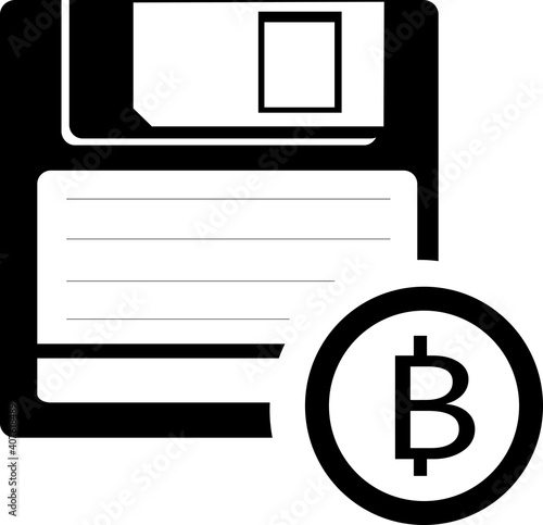 Illustration of an isolated floppy disk with a bitcoin icon.