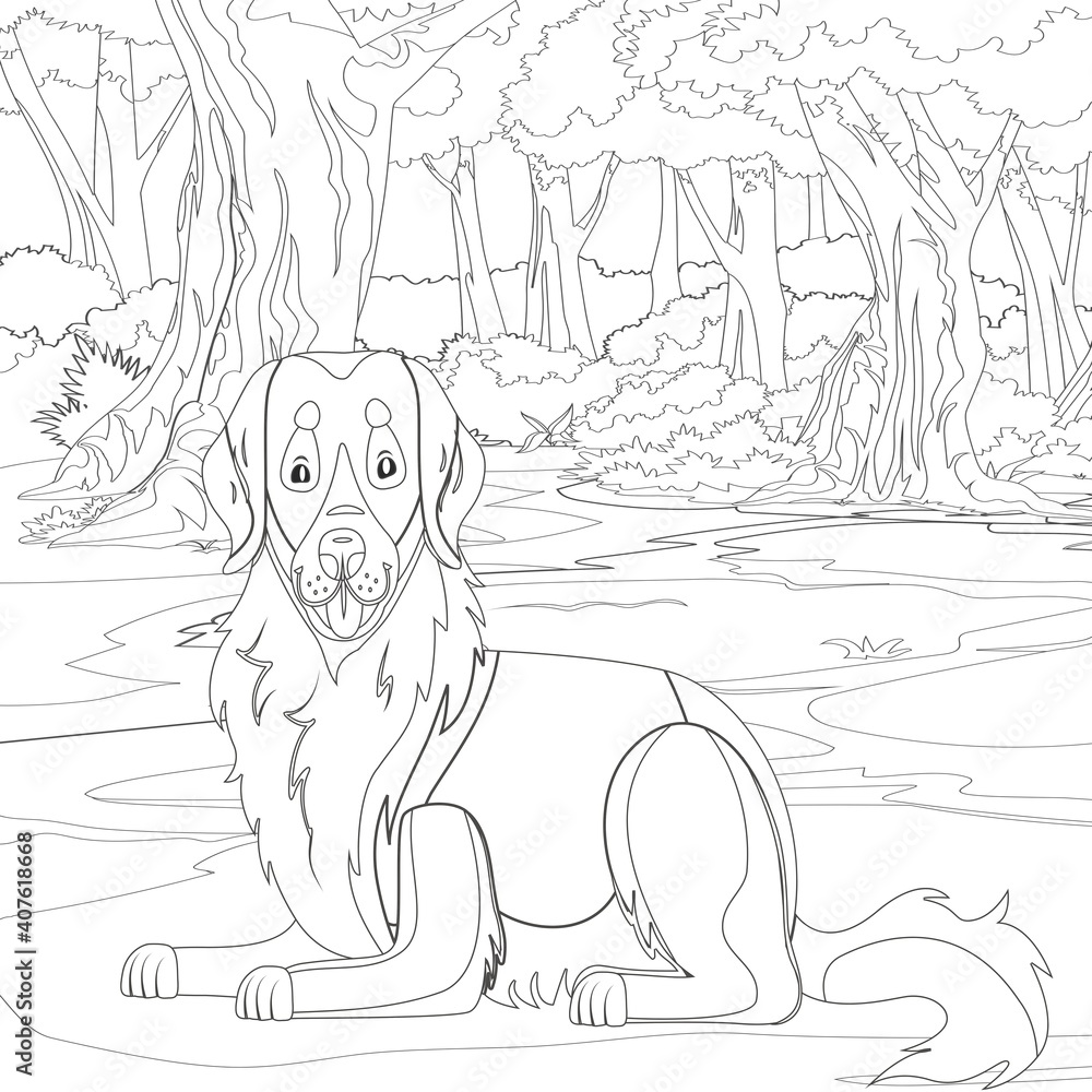 Naklejka premium dog Coloring Book or Coloring Page Black And White Cartoon Purebred Dogs or Puppies