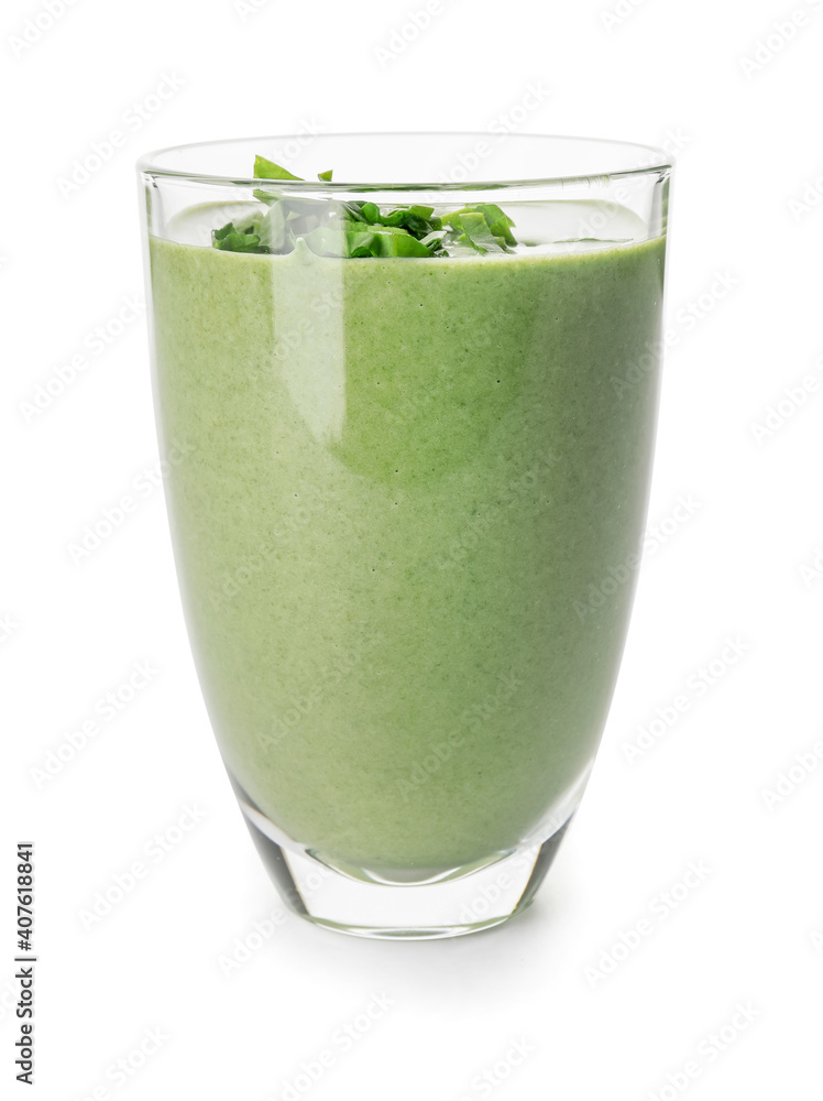 Glass of healthy spinach smoothie on white background Glass of healthy spinach smoothie on white background