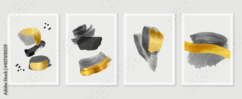 Minimal and Gold abstract wall arts vector collection.  Soft earth tones color, Organic shape hand draw arts brush design for wall framed prints, canvas prints, poster, home decor, cover, wallpaper. V
