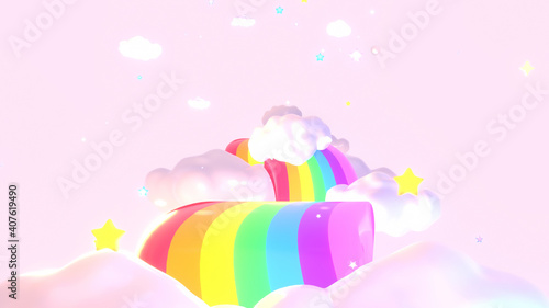Cartoon magic rainbow road in the pink sky with stars and fluffy white clouds. 3d rendering picture.