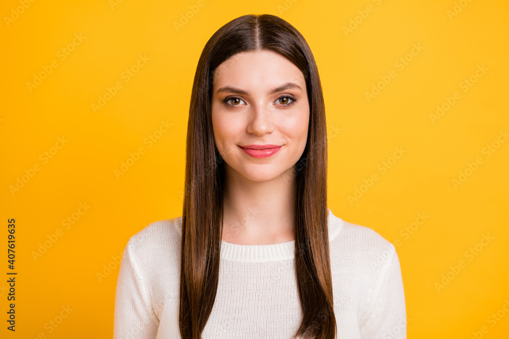 Photo of adorable satisfied young person smile look camera isolated on vibrant yellow color background Photo of adorable satisfied young person smile look camera isolated on vibrant yellow color background