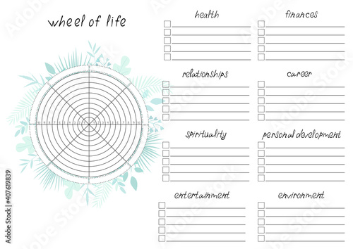Printable A4 paper sheet with tropical leaves and Wheel of Life - diagram with blank lines to fill. Coaching tool for bullet journal page, daily planner template, blank for notebook.