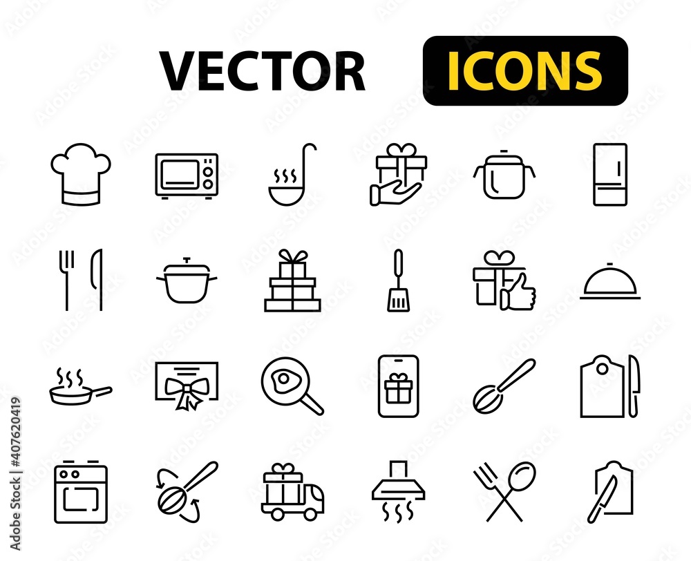 Fototapeta premium Set of cooking and kitchen icons, Vector lines, contains icons such as frying pan, frying, microwave, fork with spoon, Editable stroke, perfect 480x480 pixels, white background.