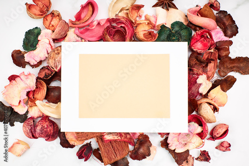 Invitation or greeting card with dried leaves. Concept party