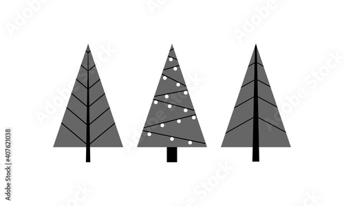 Vector Christmas trees of gray color from lines, fills, branches and garlands on a white background