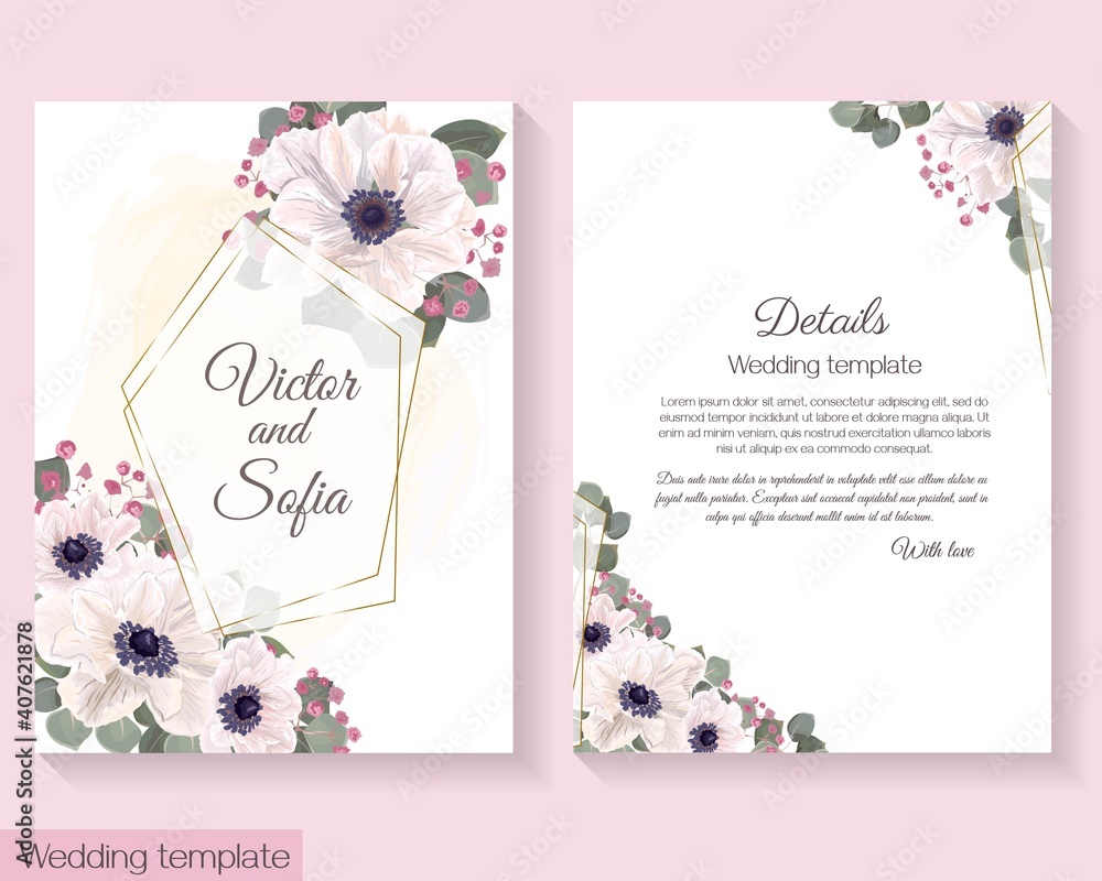 Floral design for wedding invitation. White anemones, eucalyptus, pink gypsophila, polygonal gold frame.