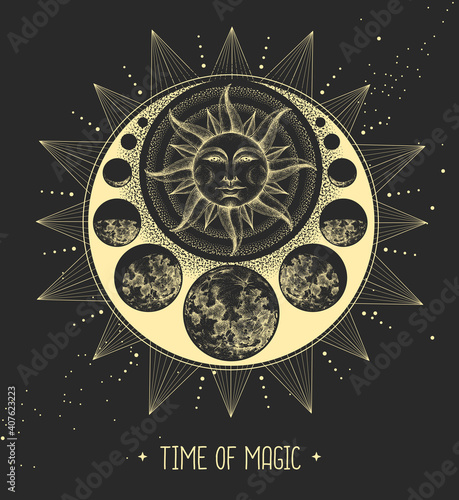 Modern magic witchcraft card with astrology sun and moon sign with human face. Day and nignt.