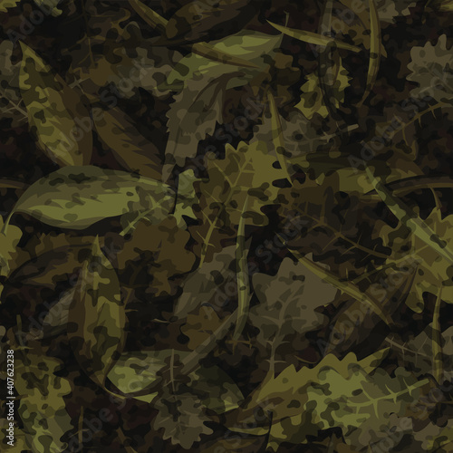 Camouflage of leaves seamless pattern. Abstract modern nature floral endless background. Military army texture for fabric and fashion textile print. Vector illustration.