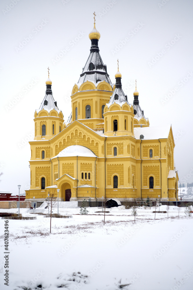 Nizhny Novgorod, Russia. January 5, 2021: Alexander Nevsky Cathedral in Nizhny Novgorod in winter, Russia.