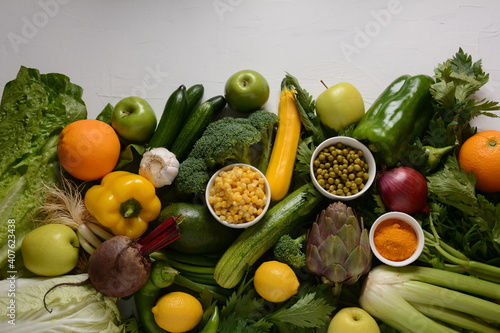 Assortment of fresh fruits and vegetables. Healthy food background. Shopping food in supermarket