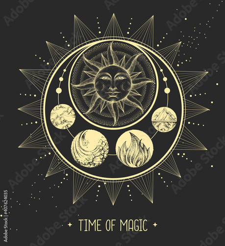 Modern magic witchcraft card with astrology sun and moon sign with human face. Day and nignt.