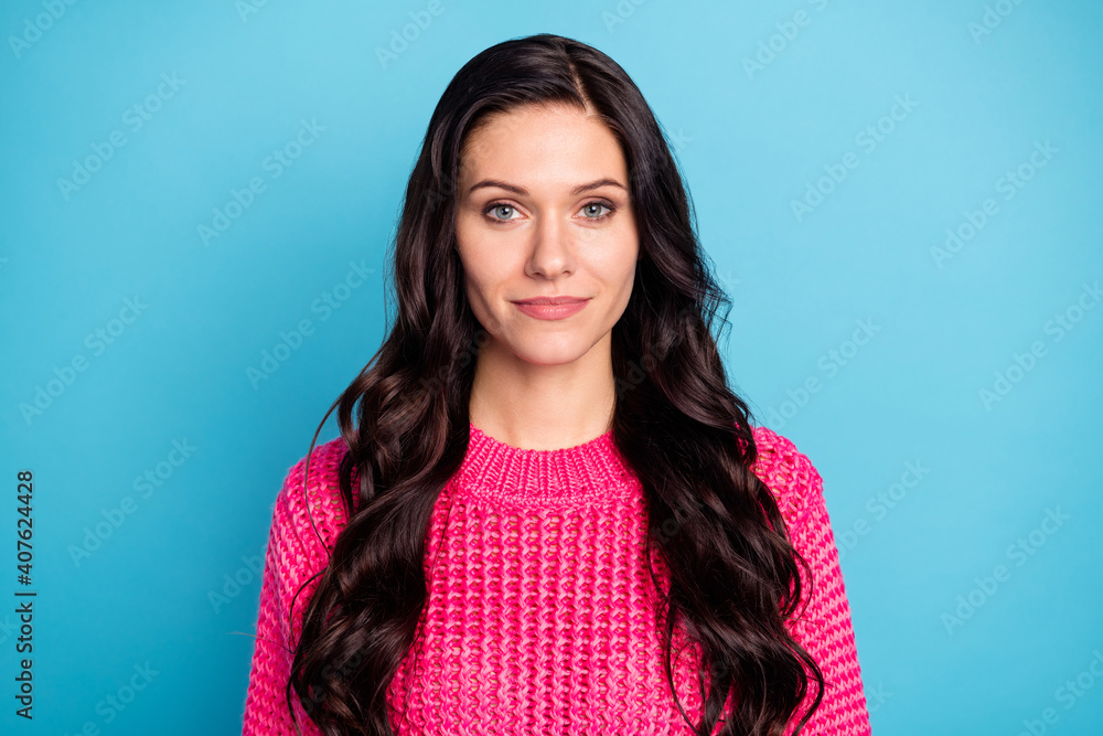 Fototapeta premium Photo of serious charming brunette young woman wear pink pullover isolated on pastel blue color background