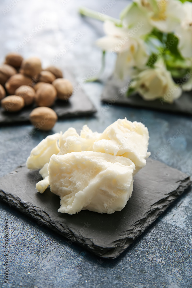Shea butter on color background, closeup Shea butter on color background, closeup